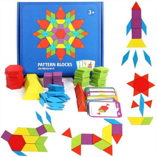 Classic Montessori Wooden Pattern Blocks Set 155 Pcs Educational Kindergarten Toy Geometric Shape Puzzle for Kids