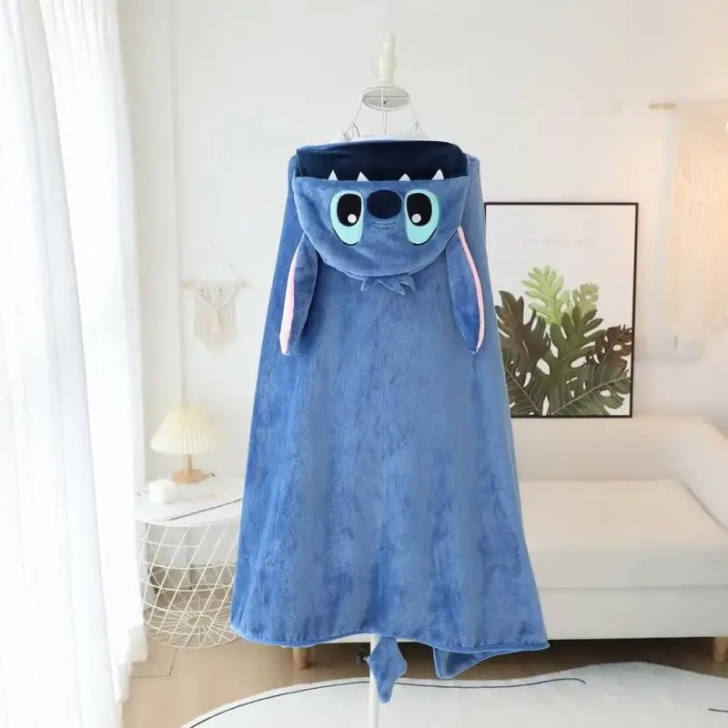 MINISO Stitch Cartoon Anime Blanket Wearable Cloak Cape Hooded Thicken Plush Flannel Anime Sofa Blanket for Friends Gift