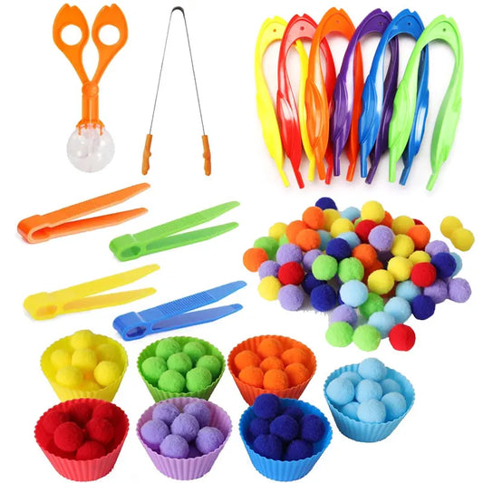 Montessori Early Education Toy for Kids Counting Sorting Games with Tweezers Fine Motor Skills Learning Rainbow Pompoms