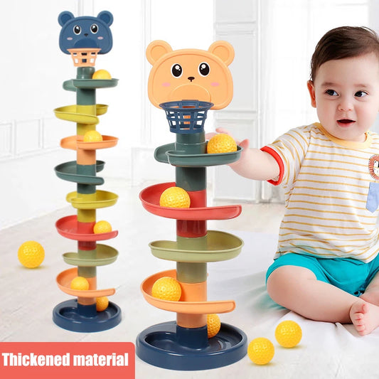 Montessori Baby Rolling Ball Pile Tower Educational Game for Infants Development with Rotating Stacking Track