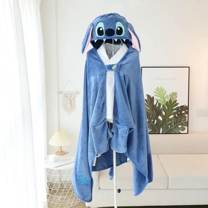 MINISO Stitch Cartoon Anime Blanket Wearable Cloak Cape Hooded Thicken Plush Flannel Anime Sofa Blanket for Friends Gift