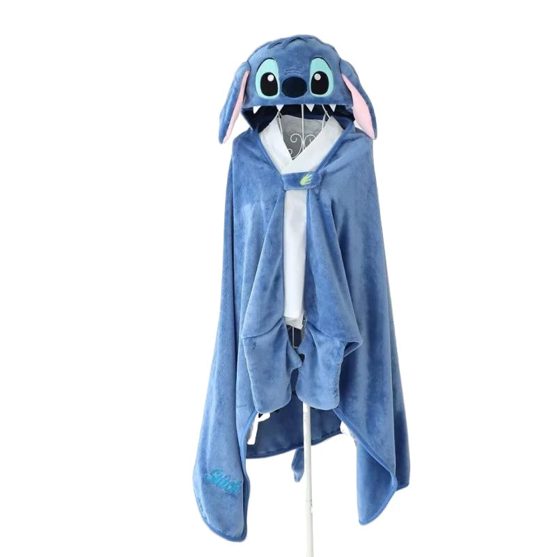 MINISO Stitch Cartoon Anime Blanket Wearable Cloak Cape Hooded Thicken Plush Flannel Anime Sofa Blanket for Friends Gift