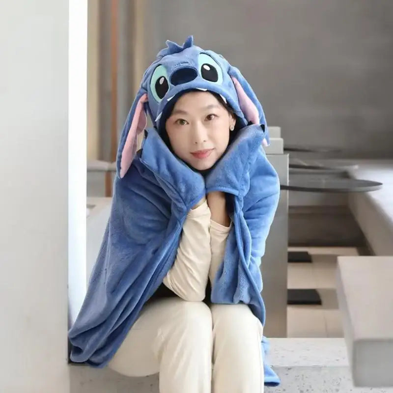 MINISO Stitch Cartoon Anime Blanket Wearable Cloak Cape Hooded Thicken Plush Flannel Anime Sofa Blanket for Friends Gift