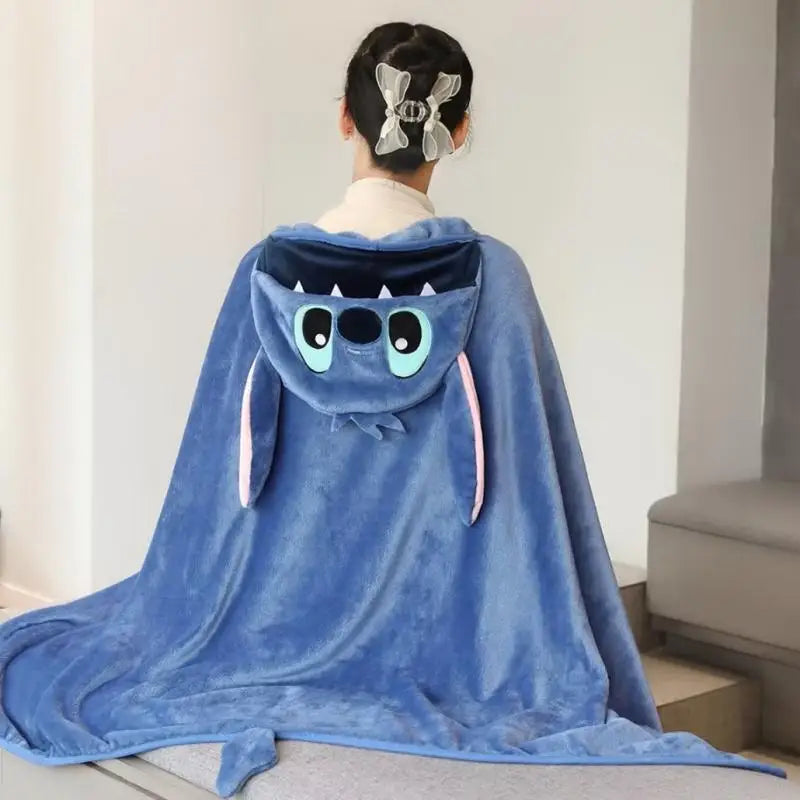 MINISO Stitch Cartoon Anime Blanket Wearable Cloak Cape Hooded Thicken Plush Flannel Anime Sofa Blanket for Friends Gift