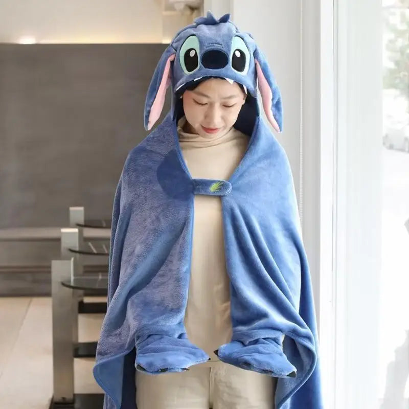 MINISO Stitch Cartoon Anime Blanket Wearable Cloak Cape Hooded Thicken Plush Flannel Anime Sofa Blanket for Friends Gift